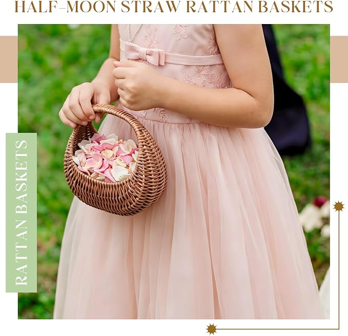 3 Pack Flower Girl Basket with Handle, 6.7 x 6.5 x 4.3 Inch, Half Moon Rattan - Image 5