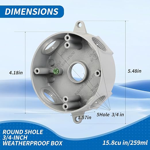 Round Outdoor Electrical Box, Five 0.75”Hole Round Junction Box, 1 Pack | - Image 2