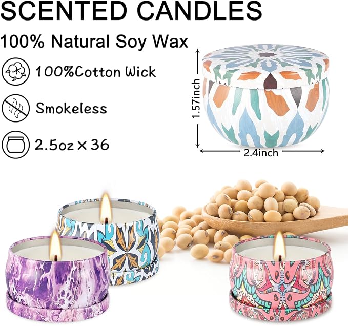 YOROXRG 36 Pack Multicolored Scented Candles Gifts Soy Wax Travel Tin Jar - Image 6