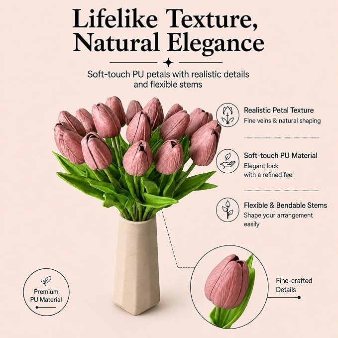 Mandy's 20pcs Artificial Mauve Tulips | 13.5 Inch Lifelike PU Tulips Faux - Image 2