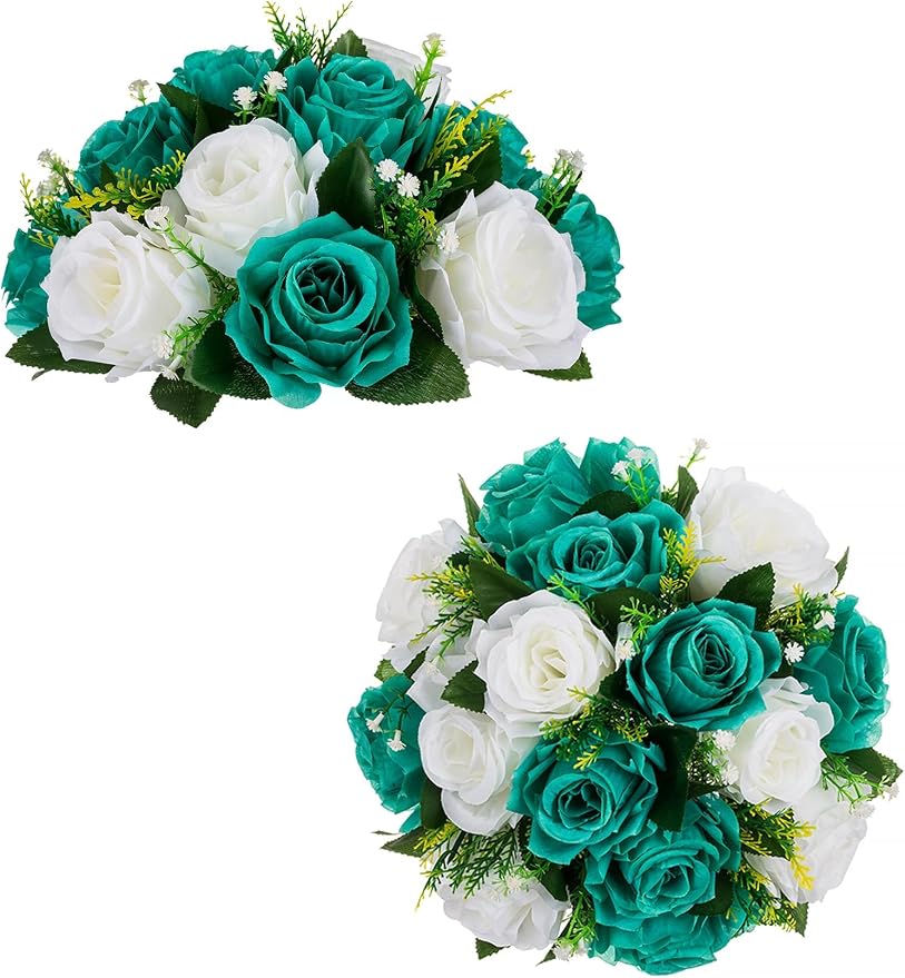 BLOSMON Teal Flowers Ball Decorations: 2 Pcs Fake Roses Table Centerpiece | by Blosmon