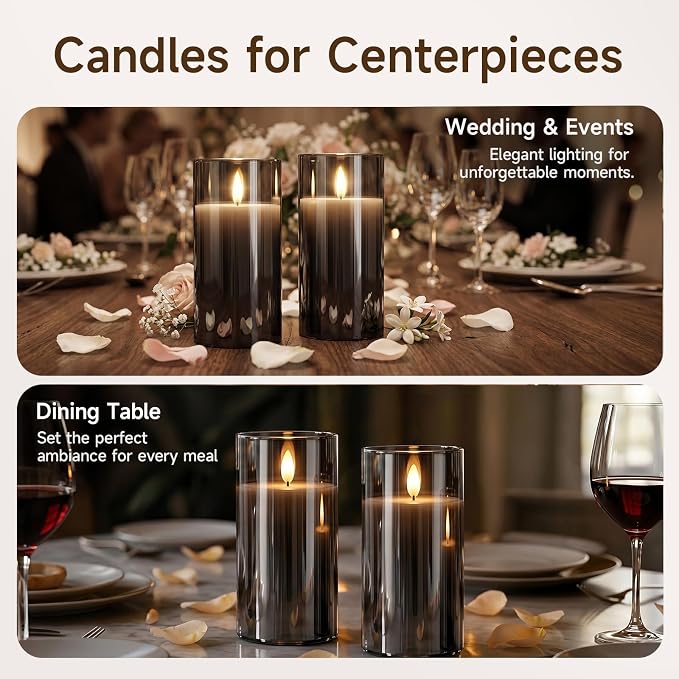 Homemory Grey Glass Flameless Candles, Real Wax, Remote Timer, 2 Pack | D3"xH6" - Image 4