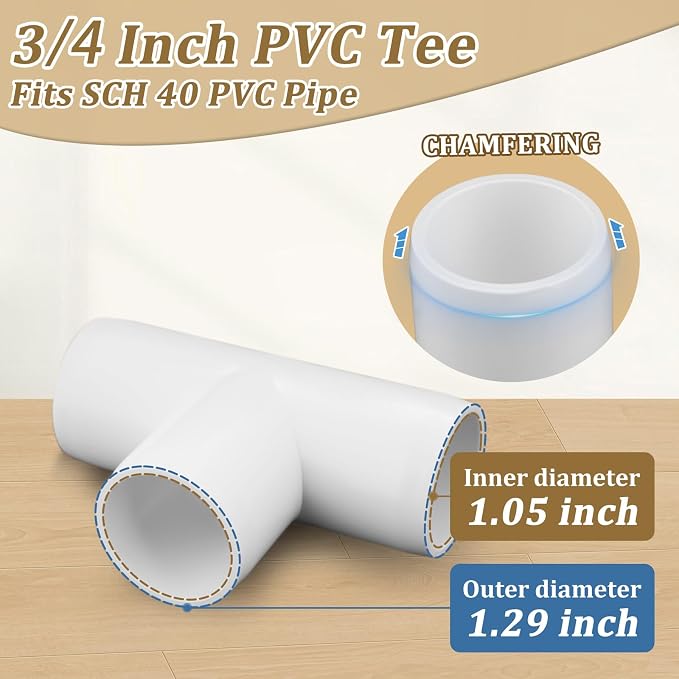 12-Packs 3/4 Inch Tee PVC Fittings, Furniture Grade Pipe Fittings 3 Way - Image 3