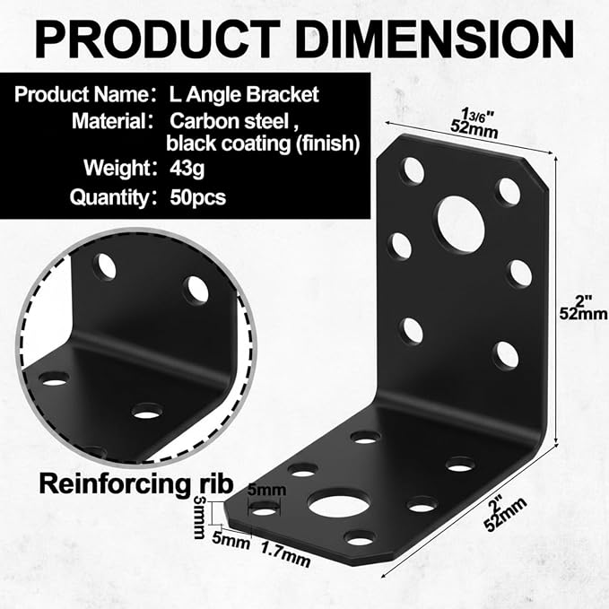 50 Pcs L Brackets 1.7mm Steel Corner Brace 90 Degree Black | Metal Angle - Image 2