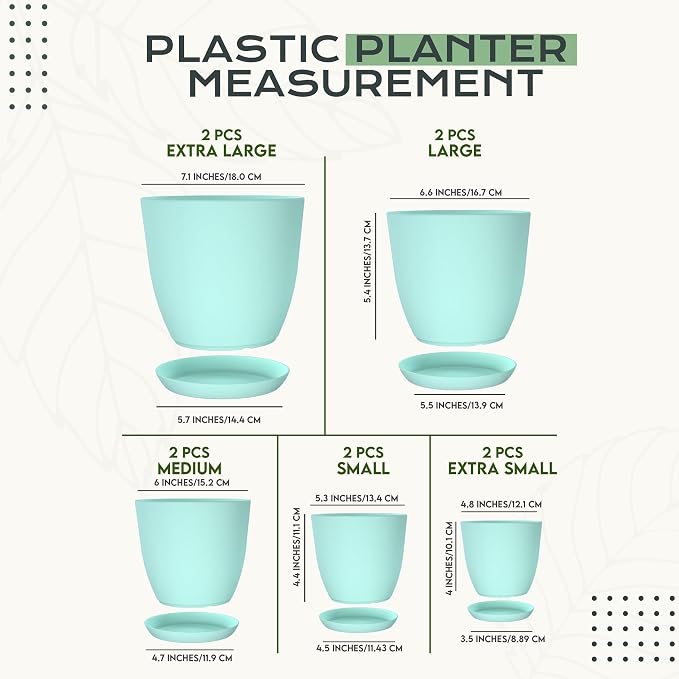 Plant Pots Indoor with Drainage, 10 Pack Multi-Size Planters Set, Aqua | - Image 2