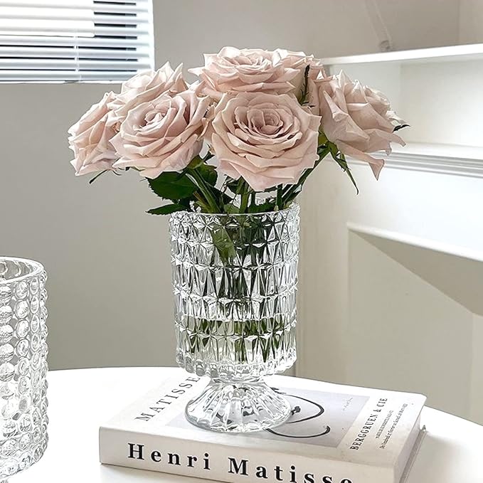 BLOFLO Embossed Glass Vase, Pedestal Big Base Glass Bouquet Vase, Hydroponic - Image 2