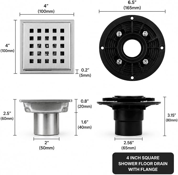 4" Brushed Silver Shower Drain, Square Shower Floor Drain - Image 2
