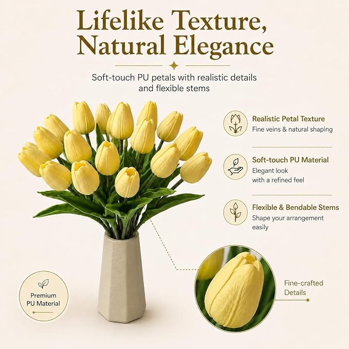 Mandy's 20pcs Artificial Light Yellow Tulips | 13.5 Inch Lifelike PU Tulips - Image 2