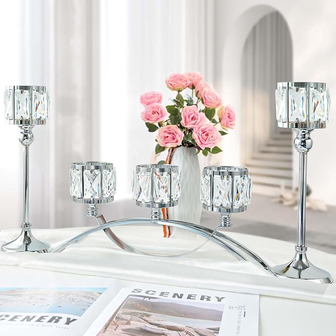 3 Arms Crystal Bowl Tealight Candelabra Votive Candle Stand, Wedding - Image 2
