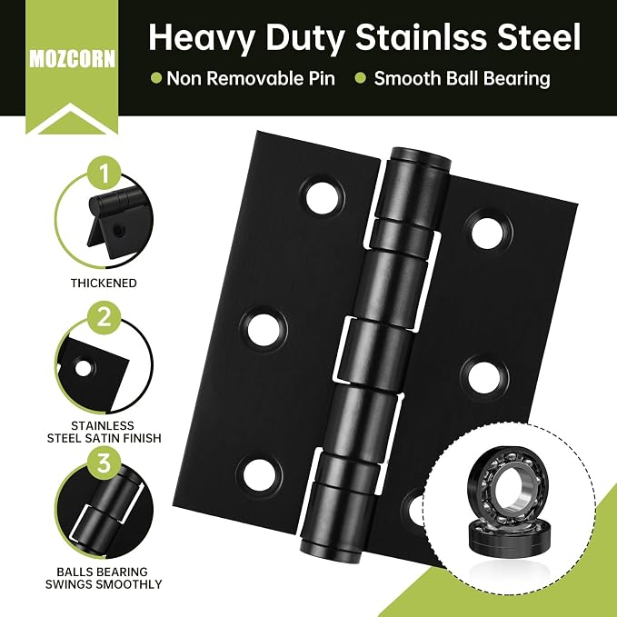 6-Pack Black Door Hinges, 3 Inch Heavy Duty Stainless Steel Hinge - Image 3