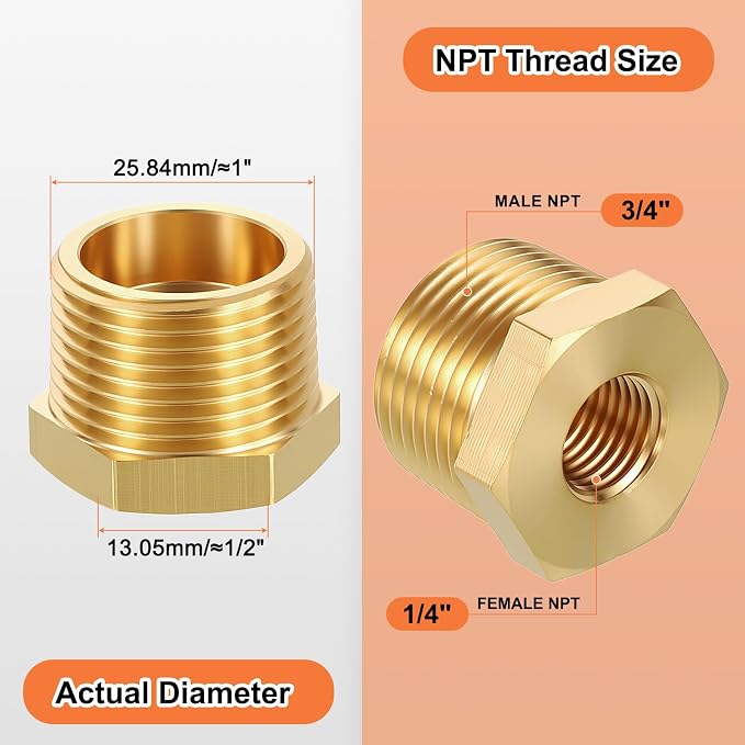 3 Pack Male to FeMale Adapters, 3/4" Male NPT x 1/4" FeMale NPT Brass Hex - Image 2