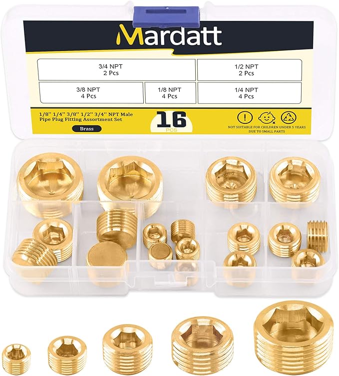 16Pcs 5 Sizes Brass NPT Plug Assortment Kit, 1/8" 1/4" 3/8" 1/2" 3/4" Internal by Mardatt