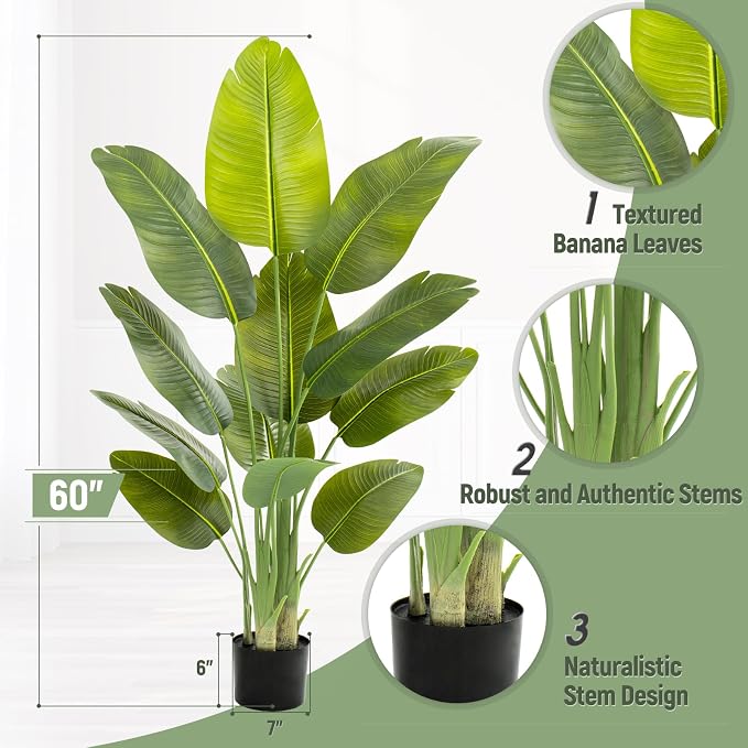 Lifelike Bird of Paradise Artificial Plant, 5ft Faux Banana Leaf Tree - Image 5