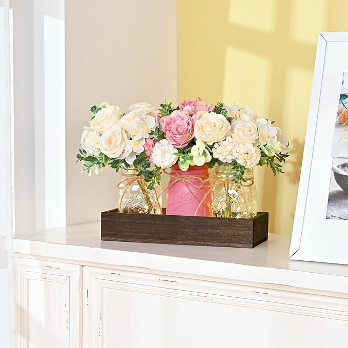 BLEUM CADE 3Pcs Mason Jar with Artificial Roses Flowers Wood Tray and Light | - Image 5