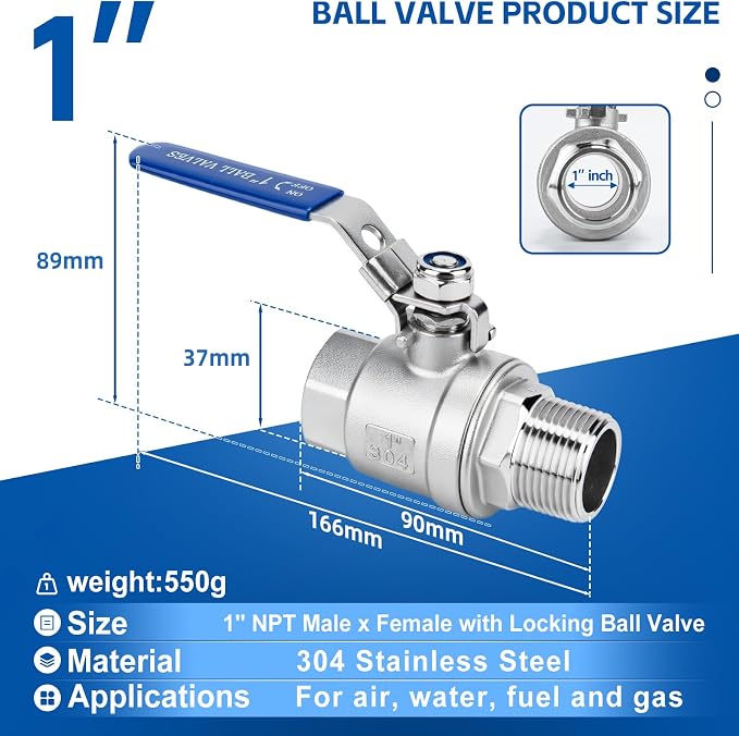 2 Pack 1" Full Port Ball Valve NPT Male x Female 304 Stainless Steel Heavy Duty - Image 2