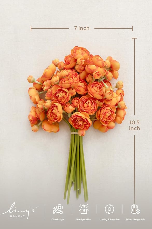 Ling's moment Fake Flowers Artificial Flower Faux Silk Ranunculus Orange | Silk - Image 4