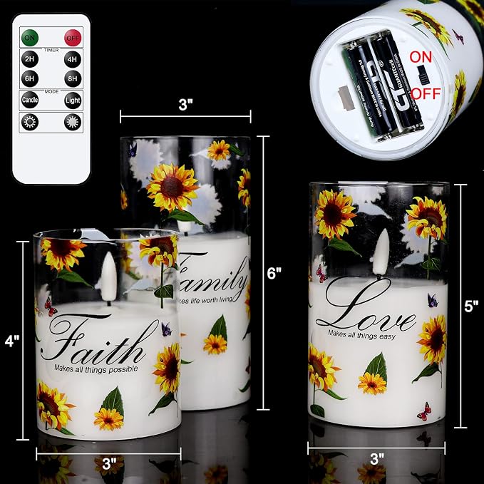 Sunflower Glass Flameless Candles Battery Operated Remote Timer | LED - Image 2