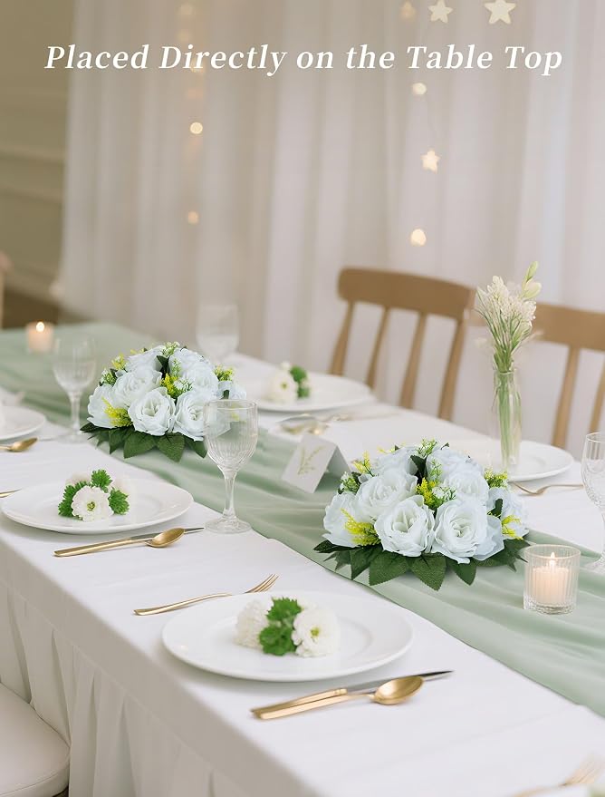 BLOSMON White Flowers for Wedding Centerpieces: 10 Pcs, 15 Faux Silk Roses | - Image 2