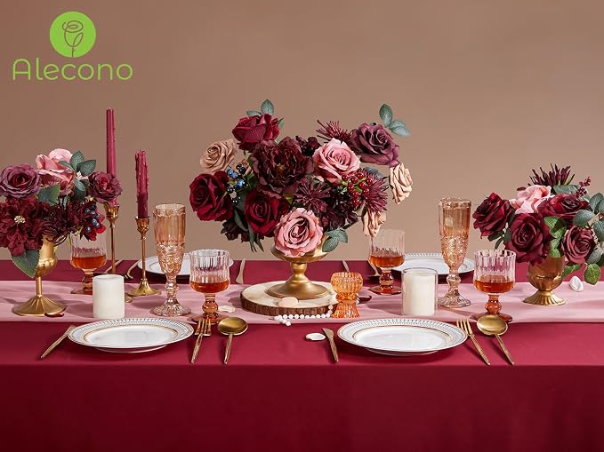 Alecono Burgundy Artificial Flowers, Silk Fake Roses Floral Set | - Image 3