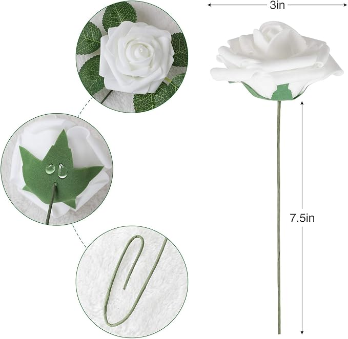 AmyHomie White Rose 100pcs Real Looking Artificial Flowers w/Stem | Bouquet - Image 2