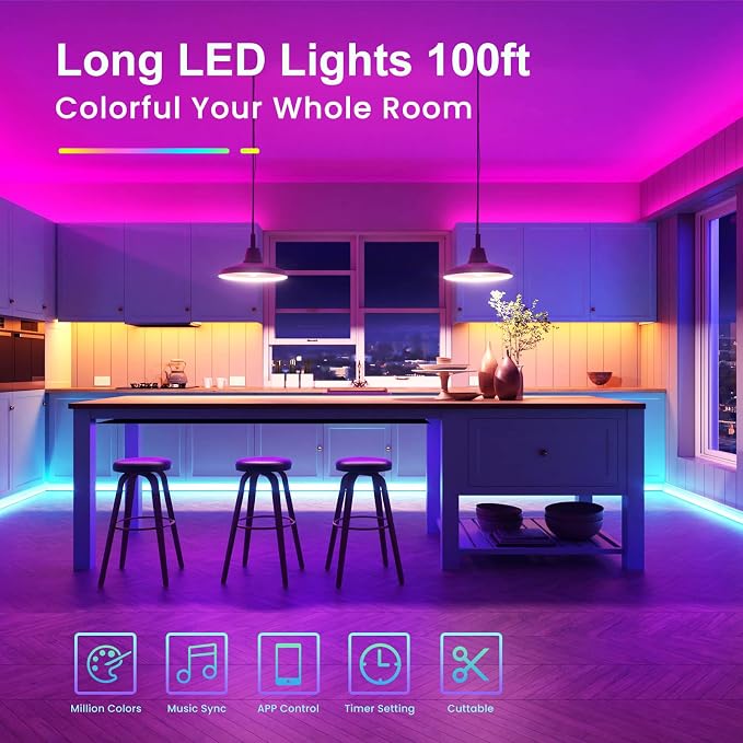 TJOY LED Lights for Bedroom 100ft, RGB Color Changing Led Strip Lighting | - Image 3