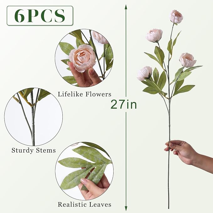 VIERENA 6 Pcs 27" Faux Silk Peony Artificial Flowers Stems - Image 5