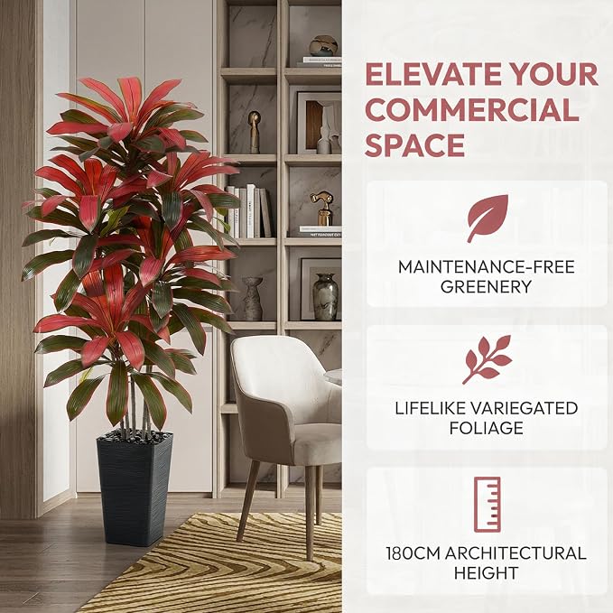 Artificial Dracaena Tree: 6FT Fake Plants Silk Faux Trees（Black Pot） | - Image 3