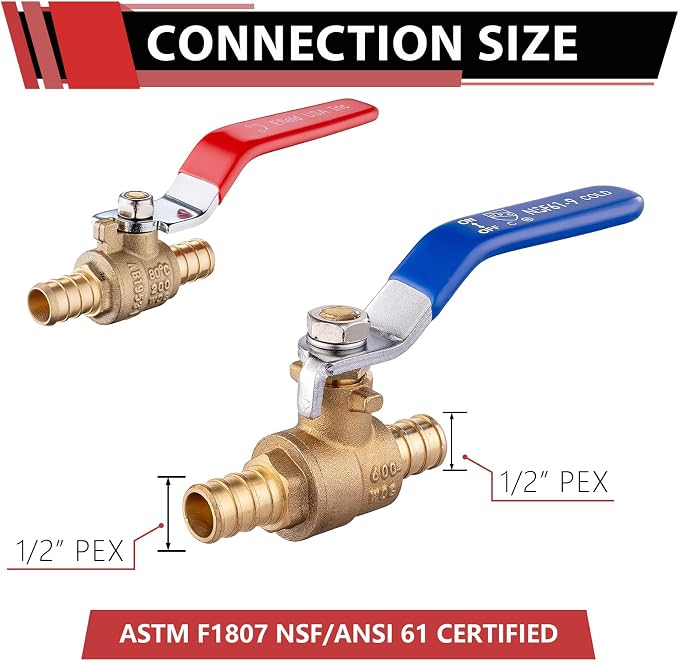 10-Pack 1/2" PEX Brass Ball Valve, Barb Crimp Pex Connection | Full Port Water - Image 2
