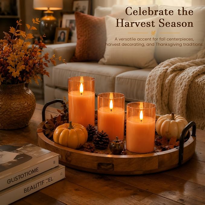 Homemory Orange Glass Flameless Candles, Fall Decor, Remote Timer, 3 Pack | - Image 3