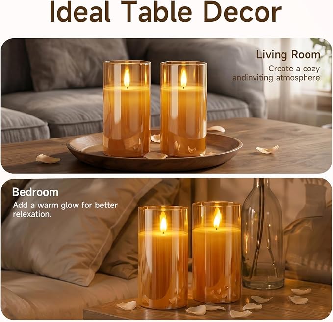 Homemory Amber Glass Flameless Candles, Real Wax, Remote Timer, 2 Pack | D3"xH6" - Image 4