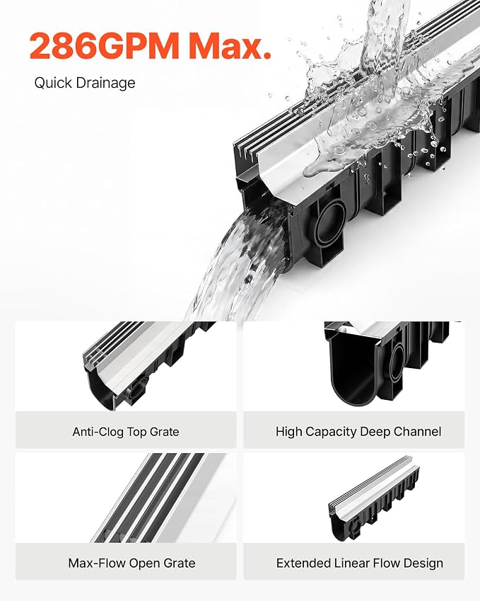VEVOR Trench Drain, 39.7 x 5.8 x 10.6 in, 3 Pack Linear Drainage Channel - Image 3