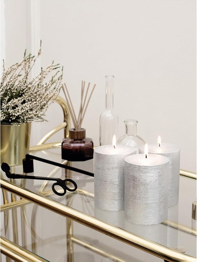 3x4 inch Pillar Candles Set of 3 – Unscented Dripless Silver Candles - Image 6