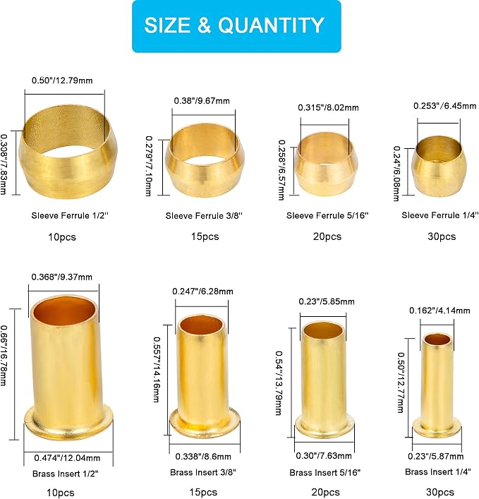 150PCS Tube OD（1/4" 5/16" 3/8" 1/2") Brass Compression Sleeves Ferrules & Insert - Image 2