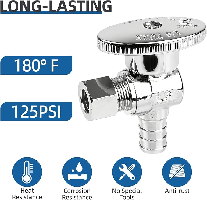 Angle Stop Valve 1/2" PEX x 3/8" OD Comp, 1/4 Turn Shut Off Valve, Chrome - Image 4