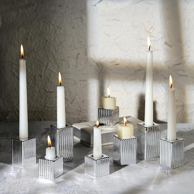 LETINE 12pcs Silver Vertical Stripe Glass Candlestick Holders by LETINE