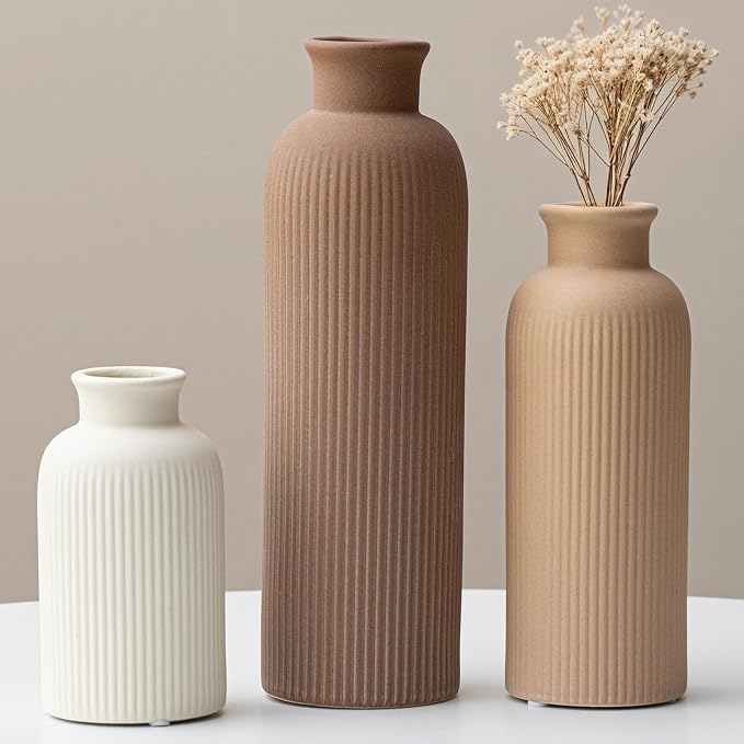 Modern Ceramic Vase Set, Earth Tone Natural Color Ribbed Matte Design, 3-Piece by Vaurcesavase