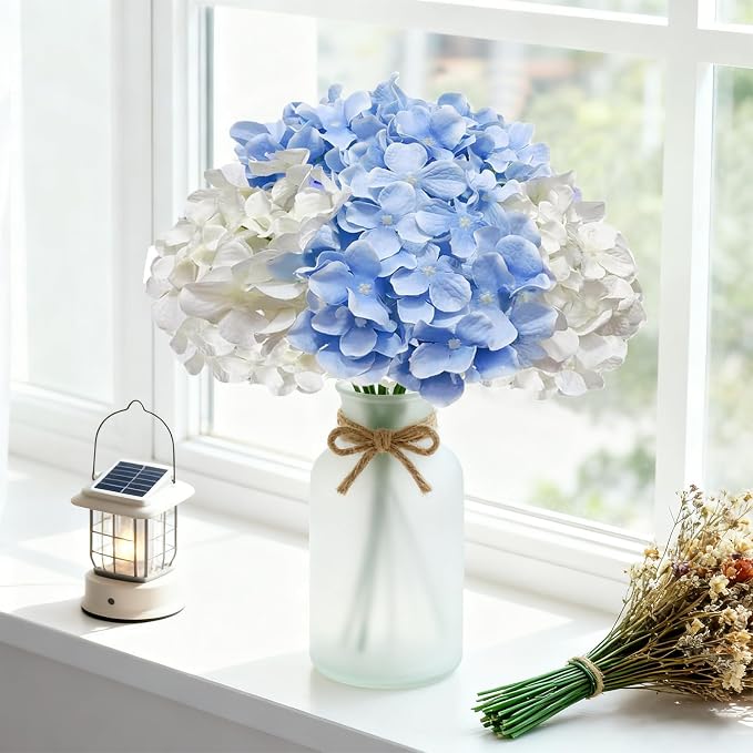 65Pcs Whiteblue Hydrangea Artificial Flowers Bulk，Realistic Silk Fake Flowers - Image 6