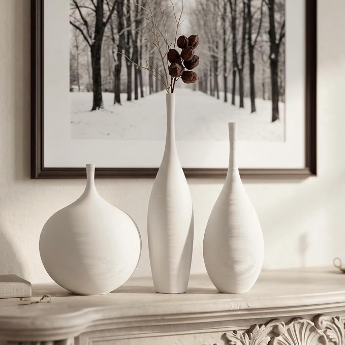 White Ceramic Vase Set of 3, Modern Boho Vases - Image 4