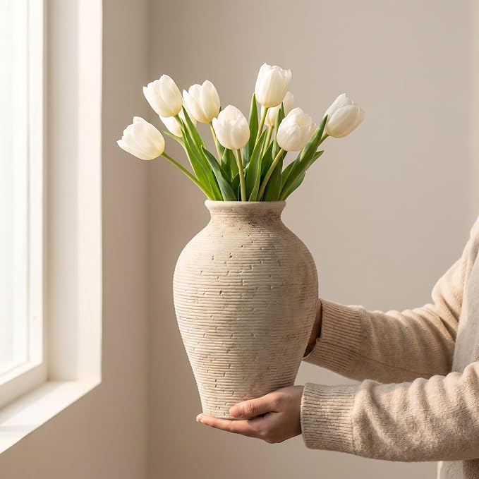 9.06 Inch Tall Vintage Ceramic Flower Vase, Rustic Farmhouse Vase - Image 3