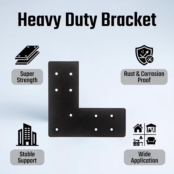 4pcs Heavy Duty Flat L Shape Flat Post Brackets, 7.5x7.5' Black, Wall Mount - Image 3
