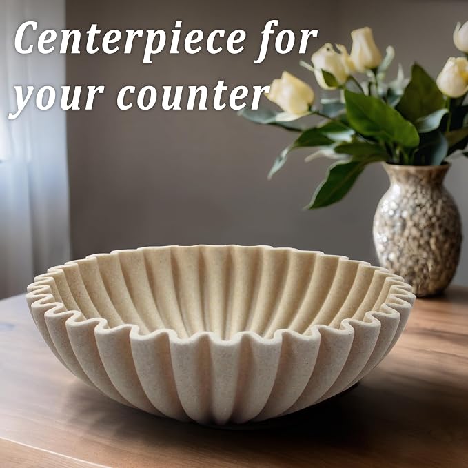 LIN CHUAN Ruffle Decorative Bowl, Large Fruit Bowl, Artificial Stone Beige | - Image 2