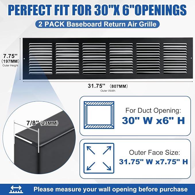Lewtemi 2 Pack Baseboard Return Air Grille 30" x 6", Steel HVAC Vent Cover - Image 2