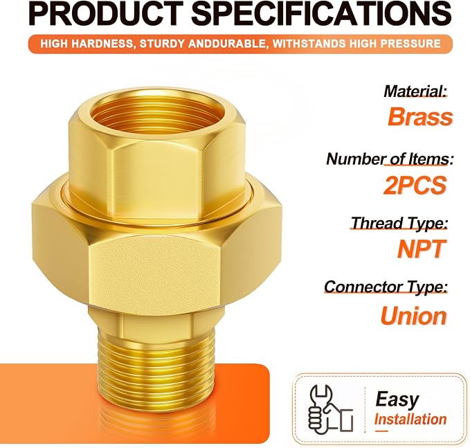 GASHER 2PCS 3/8" NPT Brass Union Pipe Fitting | 3/8 Inch Male x 3/8 Inch Female - Image 2