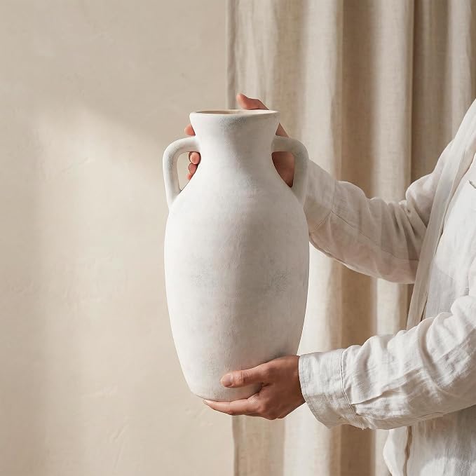 Ceramic Flower Vase with Handles, Neutral Tall Clay Decorative Terracotta Vases - Image 4