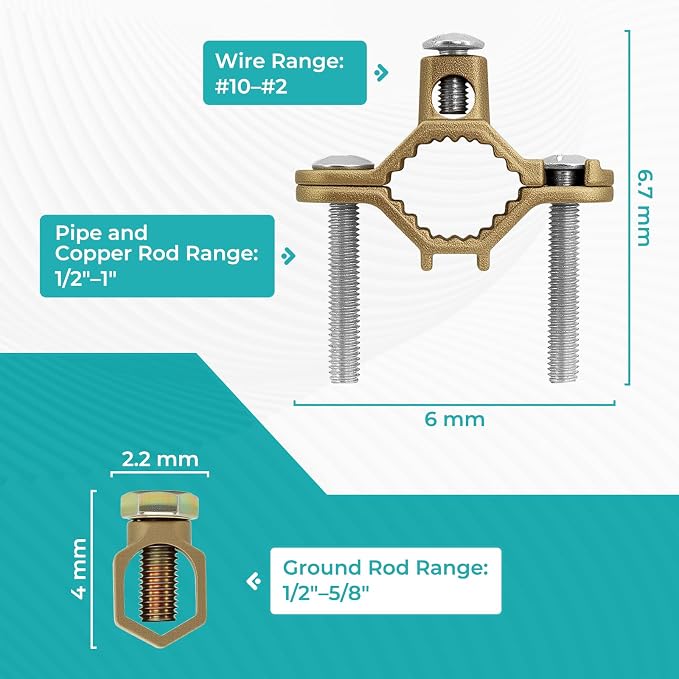 Copper Ground Clamp Set, Grounding RodPipe/Conduit Clamp：1/2”-1” | Copper - Image 2