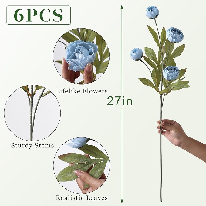 6 Pcs 27" Faux Silk Peony Artificial Flowers Stems - Image 5
