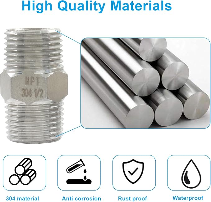 1/2" Male x 1/2" Male NPT Hex Nipple Pipe Fittings | 304 Stainless Steel - Image 3