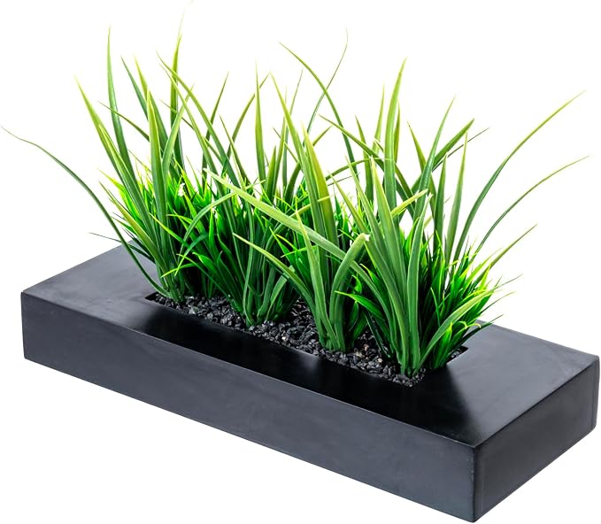 MyGift 14 Inch Artificial Grass Plant in Matte Black Wood Rectangular Pot | by MyGiftHome
