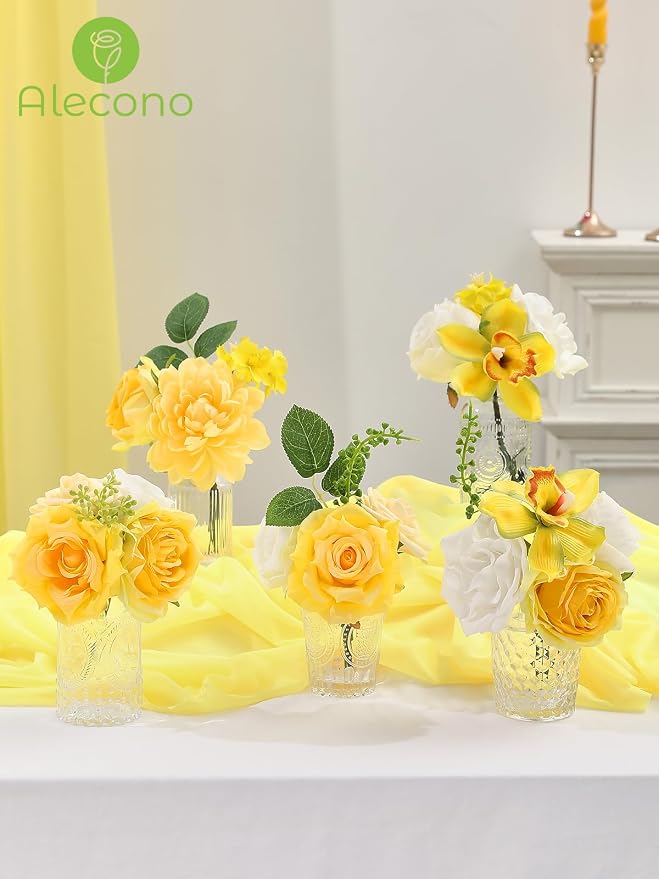 Alecono Yellow Artificial Flowers, Silk Fake Roses Floral Set | - Image 8