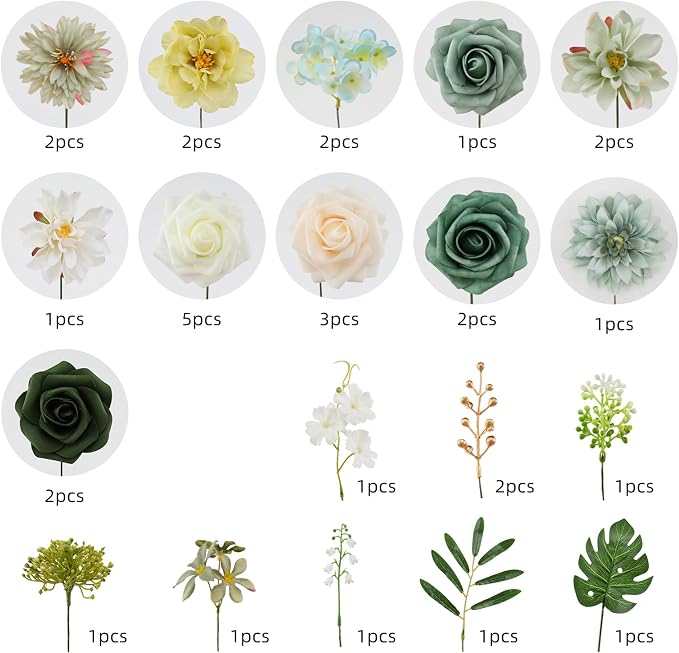Artificial Flowers Combo Green Flowers Mix Silk Flowers Dahlia Roses - Image 8